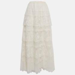 Valentino White Patterned Lace Tiered Midi Skirt L