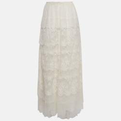 Valentino White Patterned Lace Tiered Midi Skirt L