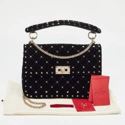 Pre Owned Valentino Black Quilted Velvet Medium Rockstud Spike Top Handle Bag