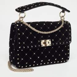 Pre Owned Valentino Black Quilted Velvet Medium Rockstud Spike Top Handle Bag