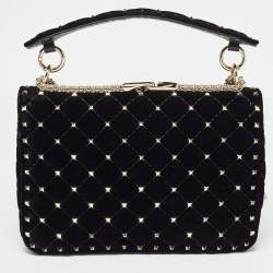 Pre Owned Valentino Black Quilted Velvet Medium Rockstud Spike Top Handle Bag