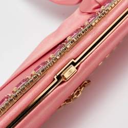 Valentino Pink Satin Crystal Embellished Bow Chain Clutch