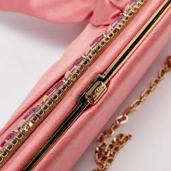 Valentino Pink Satin Crystal Embellished Bow Chain Clutch