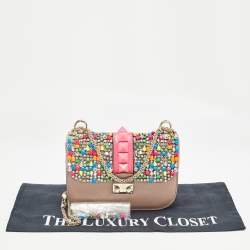 Pre Owned Valentino Beige Leather Multicolor Embellished Small Rockstud Glam Lock Flap Bag