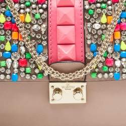 Pre Owned Valentino Beige Leather Multicolor Embellished Small Rockstud Glam Lock Flap Bag