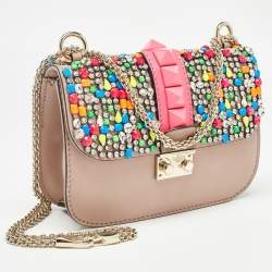 Pre Owned Valentino Beige Leather Multicolor Embellished Small Rockstud Glam Lock Flap Bag