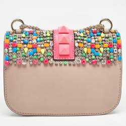 Pre Owned Valentino Beige Leather Multicolor Embellished Small Rockstud Glam Lock Flap Bag