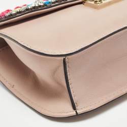 Pre Owned Valentino Beige Leather Multicolor Embellished Small Rockstud Glam Lock Flap Bag