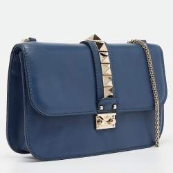 Pre Owned Valentino Blue Leather Large Glam Lock Chain Shoulder Bag