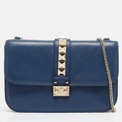 Pre Owned Valentino Blue Leather Large Glam Lock Chain Shoulder Bag