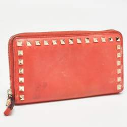 Valentino Red Leather Rockstud Zip Around Continental Wallet