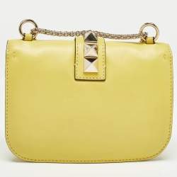 Pre Owned Valentino Yellow Leather Small Rockstud Glam Lock Flap Bag