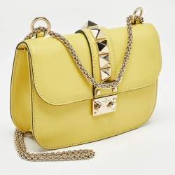Pre Owned Valentino Yellow Leather Small Rockstud Glam Lock Flap Bag