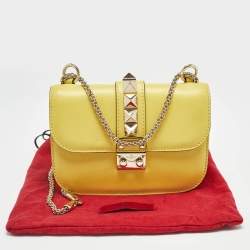 Pre Owned Valentino Yellow Leather Small Rockstud Glam Lock Flap Bag