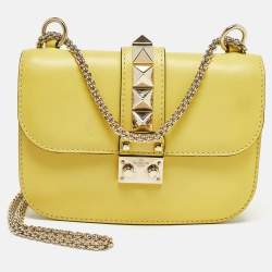 Pre Owned Valentino Yellow Leather Small Rockstud Glam Lock Flap Bag