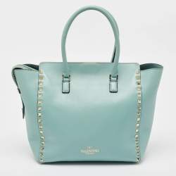 Pre Owned Valentino Light Blue Leather Medium Rockstud Trapeze Tote