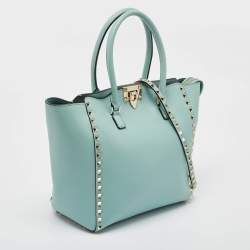 Pre Owned Valentino Light Blue Leather Medium Rockstud Trapeze Tote