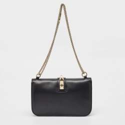 Pre Owned Valentino Black Leather Medium Rockstud Glam Lock Flap Bag
