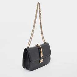 Pre Owned Valentino Black Leather Medium Rockstud Glam Lock Flap Bag