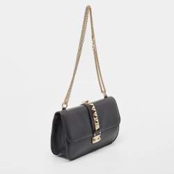 Pre Owned Valentino Black Leather Medium Rockstud Glam Lock Flap Bag