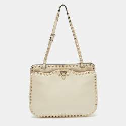 Pre Owned Valentino Off White Leather Rockstud Hobo