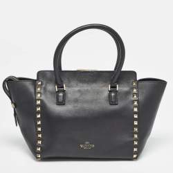 Valentino Black Leather Medium Rockstud Trapeze Tote