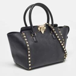 Valentino Black Leather Medium Rockstud Trapeze Tote