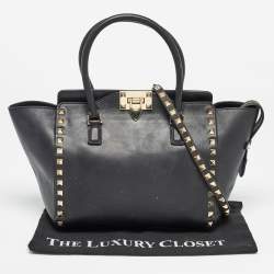 Valentino Black Leather Medium Rockstud Trapeze Tote