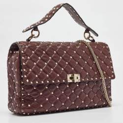 Pre Owned Valentino Burgundy Leather Large Rockstud Spike Top Handle Bag