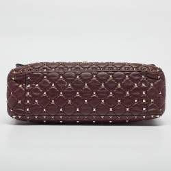 Pre Owned Valentino Burgundy Leather Large Rockstud Spike Top Handle Bag
