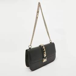 Pre Owned Valentino Black Leather Medium Rockstud Glam Lock Flap Bag