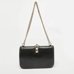 Pre Owned Valentino Black Leather Medium Rockstud Glam Lock Flap Bag