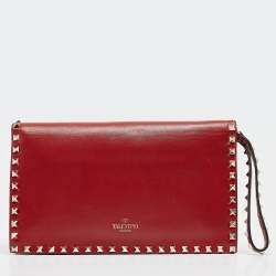 Valentino Red Leather Rockstud Flap Wristlet Clutch