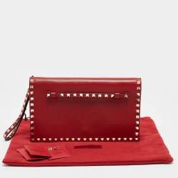 Valentino Red Leather Rockstud Flap Wristlet Clutch