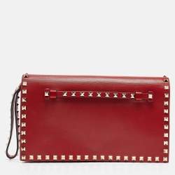 Valentino Red Leather Rockstud Flap Wristlet Clutch