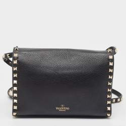 Pre Owned Valentino Black Leather Rockstud Flap Crossbody Bag