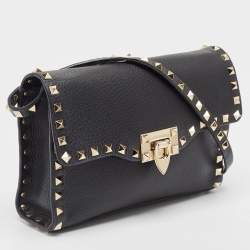 Pre Owned Valentino Black Leather Rockstud Flap Crossbody Bag