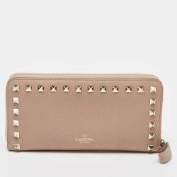 Pre Owned Valentino Dusty Pink Leather Rockstud Zip Around Wallet