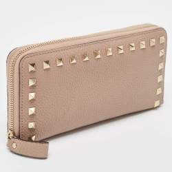 Pre Owned Valentino Dusty Pink Leather Rockstud Zip Around Wallet