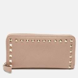 Pre Owned Valentino Dusty Pink Leather Rockstud Zip Around Wallet