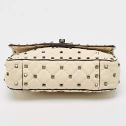 Pre Owned Valentino Cream Quilted Leather Small Rockstud Spike Top Handle Bag