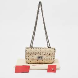 Pre Owned Valentino Cream Quilted Leather Small Rockstud Spike Top Handle Bag