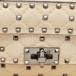 Pre Owned Valentino Cream Quilted Leather Small Rockstud Spike Top Handle Bag