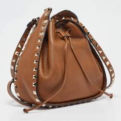 Pre Owned Valentino Brown Leather Rockstud Drawstring Bucket Crossbody Bag