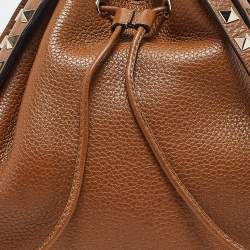 Pre Owned Valentino Brown Leather Rockstud Drawstring Bucket Crossbody Bag