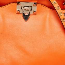 Pre Owned Valentino Neon Orange Leather Medium Rockstud Trapeze Tote