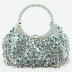 Pre Owned Valentino Blue Satin Embellished Raindrop Evening Satchel
