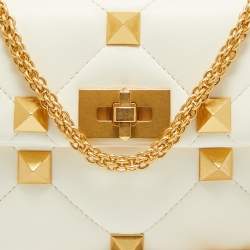 Pre Owned Valentino White Quilted Leather Medium Roman Stud Top Handle Bag