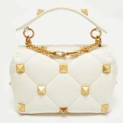 Pre Owned Valentino White Quilted Leather Medium Roman Stud Top Handle Bag