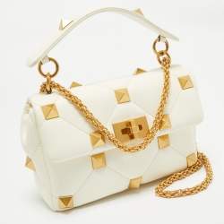 Pre Owned Valentino White Quilted Leather Medium Roman Stud Top Handle Bag